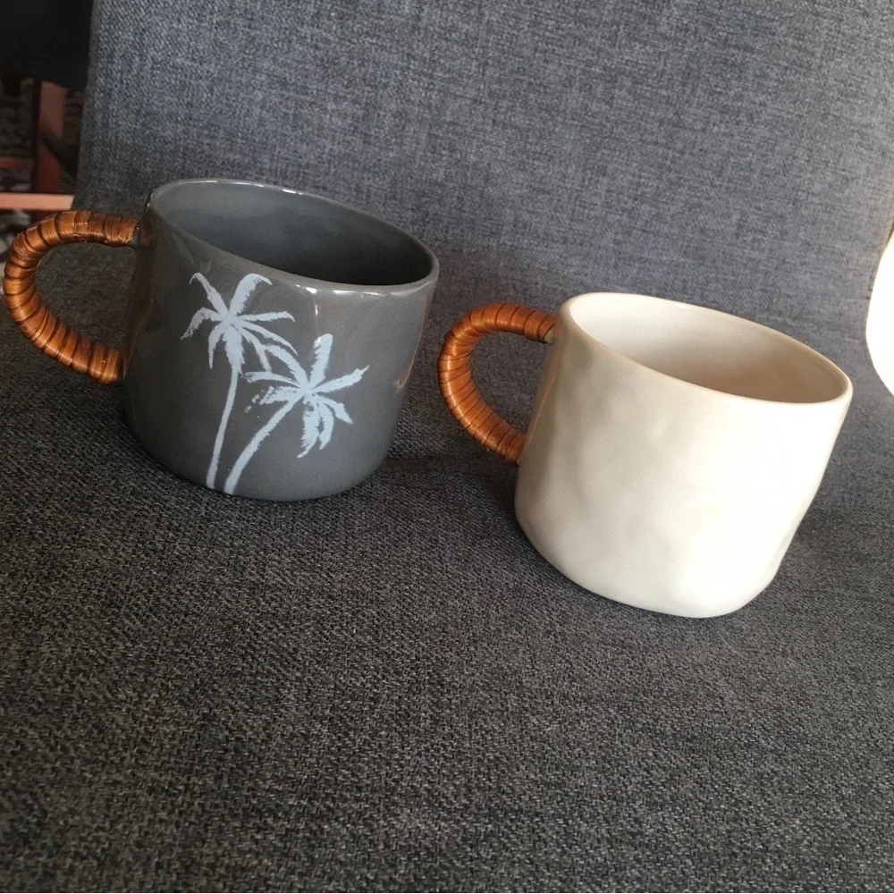HOST PICK! Set/2 Palm Trees Coffee Mugs, Gray, Ivory, 8 oz
